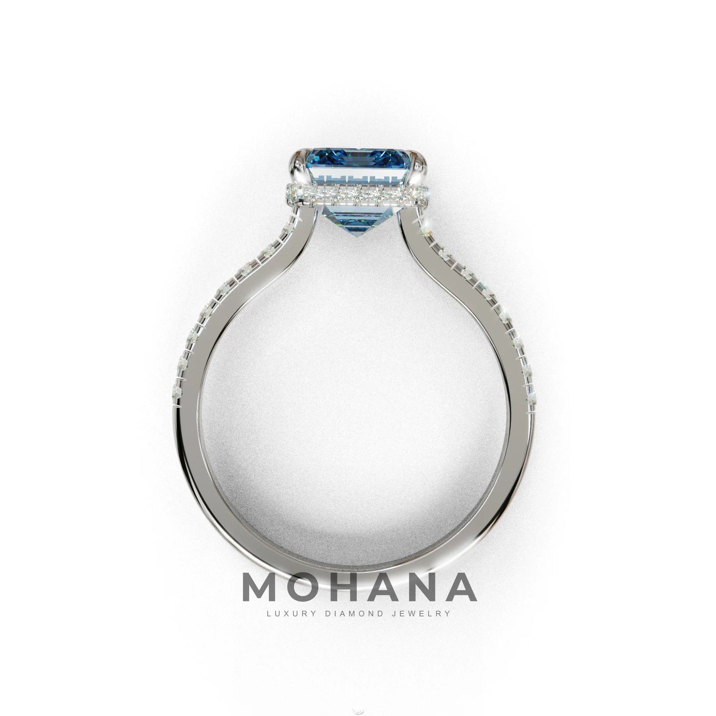 2.5 Ct Blue Emerald Cut Lab Diamond In Hidden Halo & Pave Setting Ring - Siena
