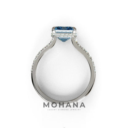 2.5 Ct Blue Emerald Cut Lab Diamond In Hidden Halo & Pave Setting Ring - Siena