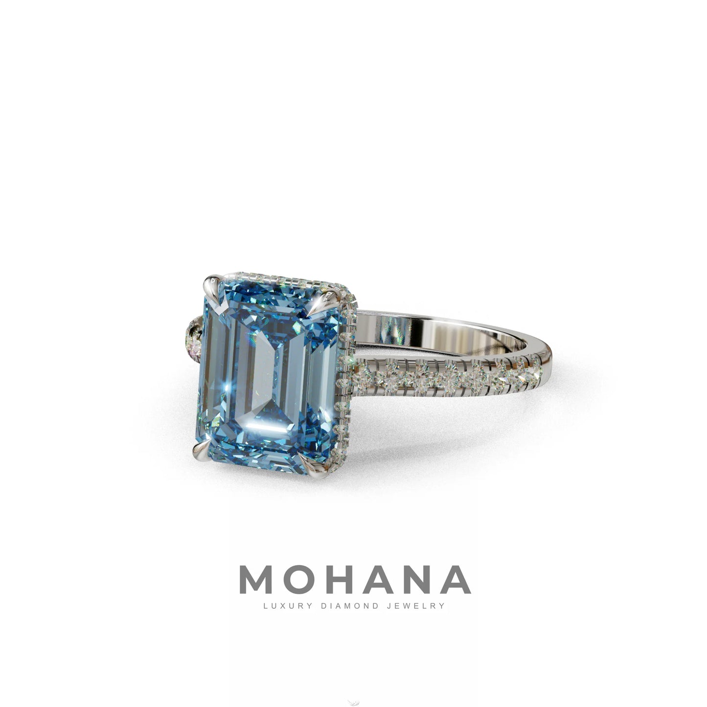 2.5 Ct Blue Emerald Cut Lab Diamond In Hidden Halo & Pave Setting Ring - Siena
