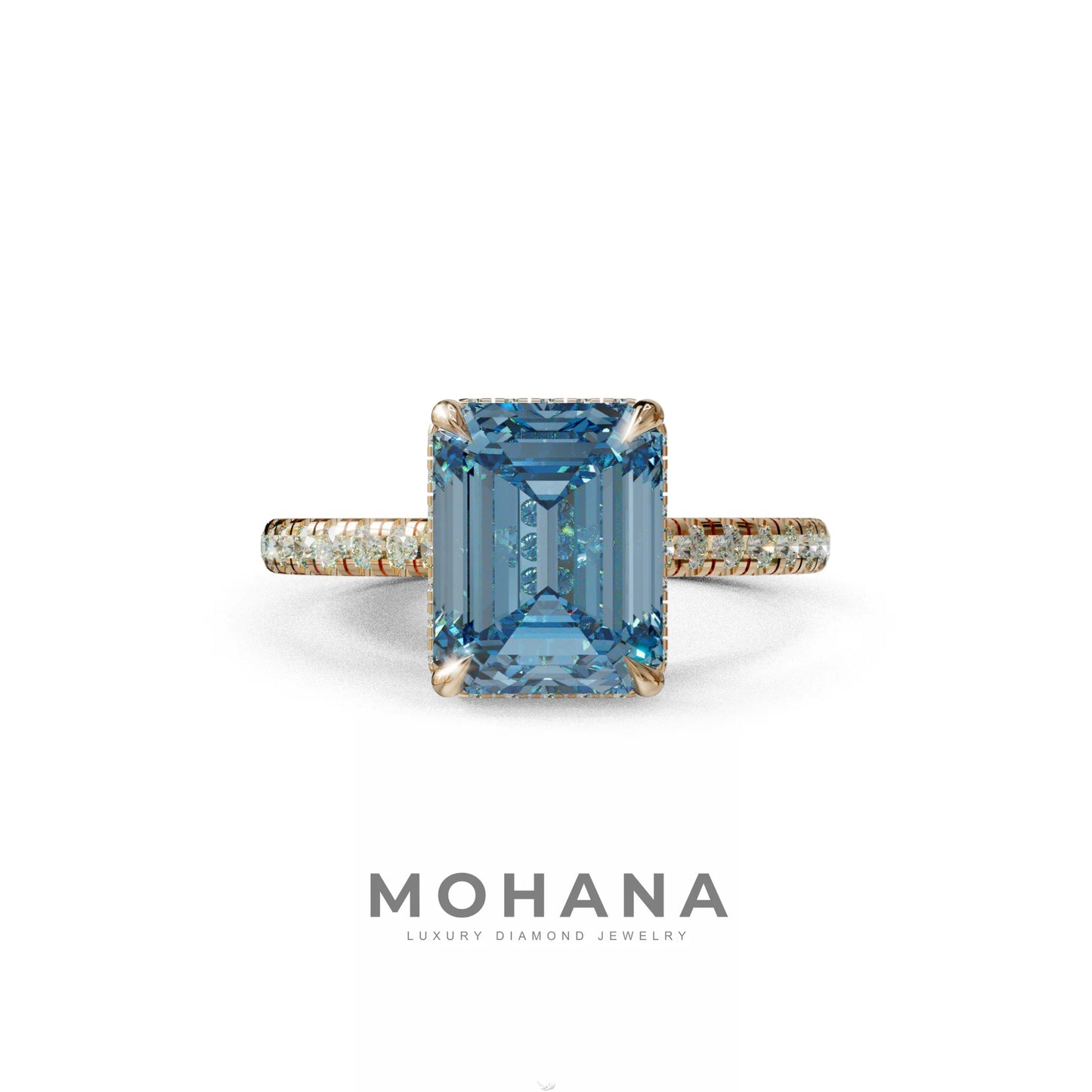 2.5 Ct Blue Emerald Cut Lab Diamond In Hidden Halo & Pave Setting Ring - Siena 10K Solid Gold / Rose Gold