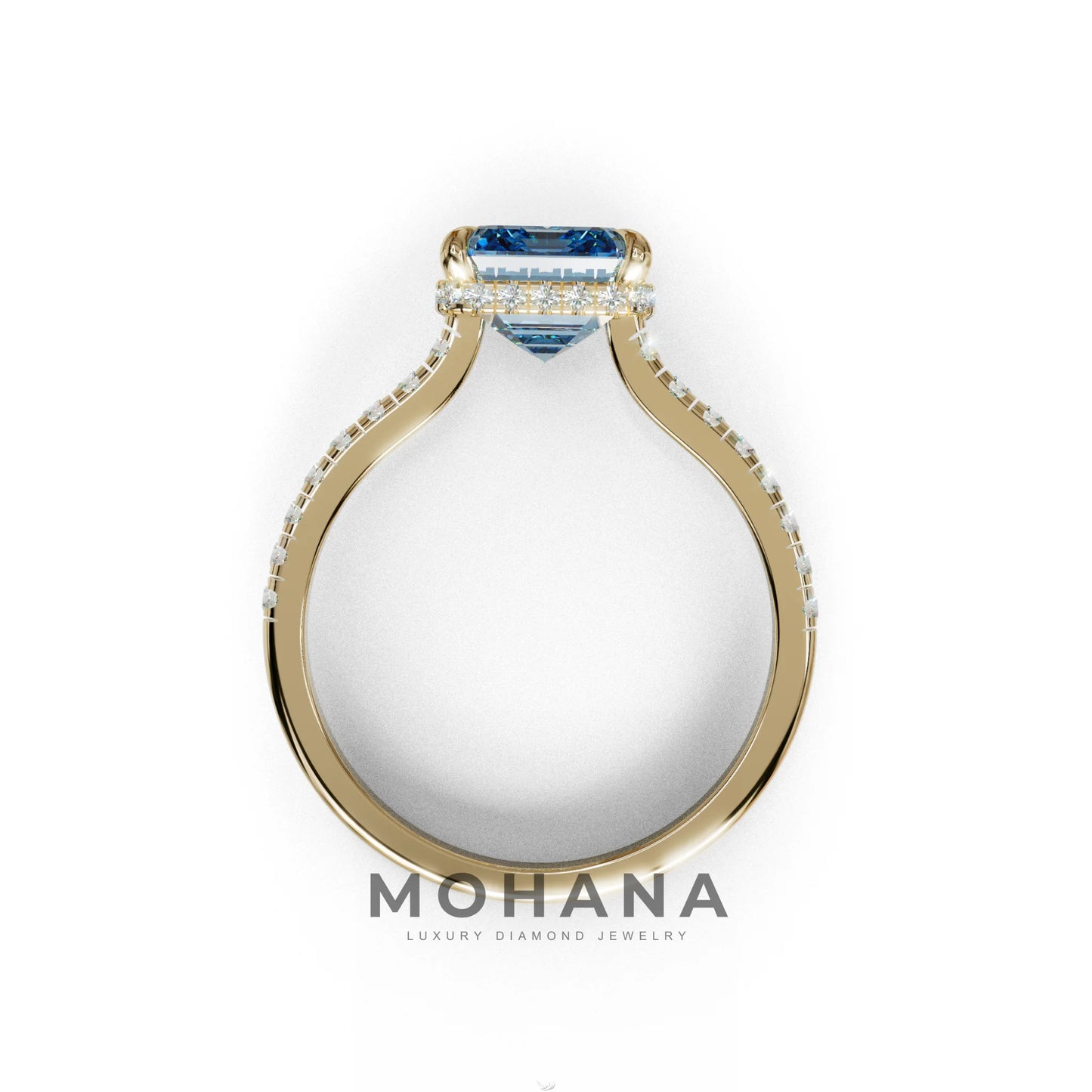 2.5 Ct Blue Emerald Cut Lab Diamond In Hidden Halo & Pave Setting Ring - Siena