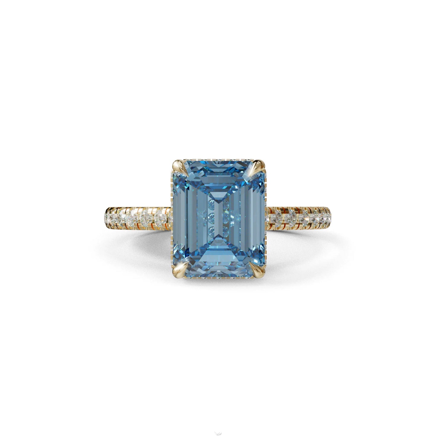 2.5 Ct Blue Emerald Cut Lab Diamond In Hidden Halo & Pave Setting Ring - Siena 10K Solid Gold / Yellow Gold