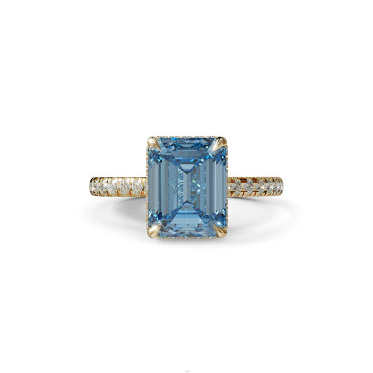 2.5 Ct Blue Emerald Cut Lab Diamond In Hidden Halo & Pave Setting Ring - Siena 10K Solid Gold / Yellow Gold