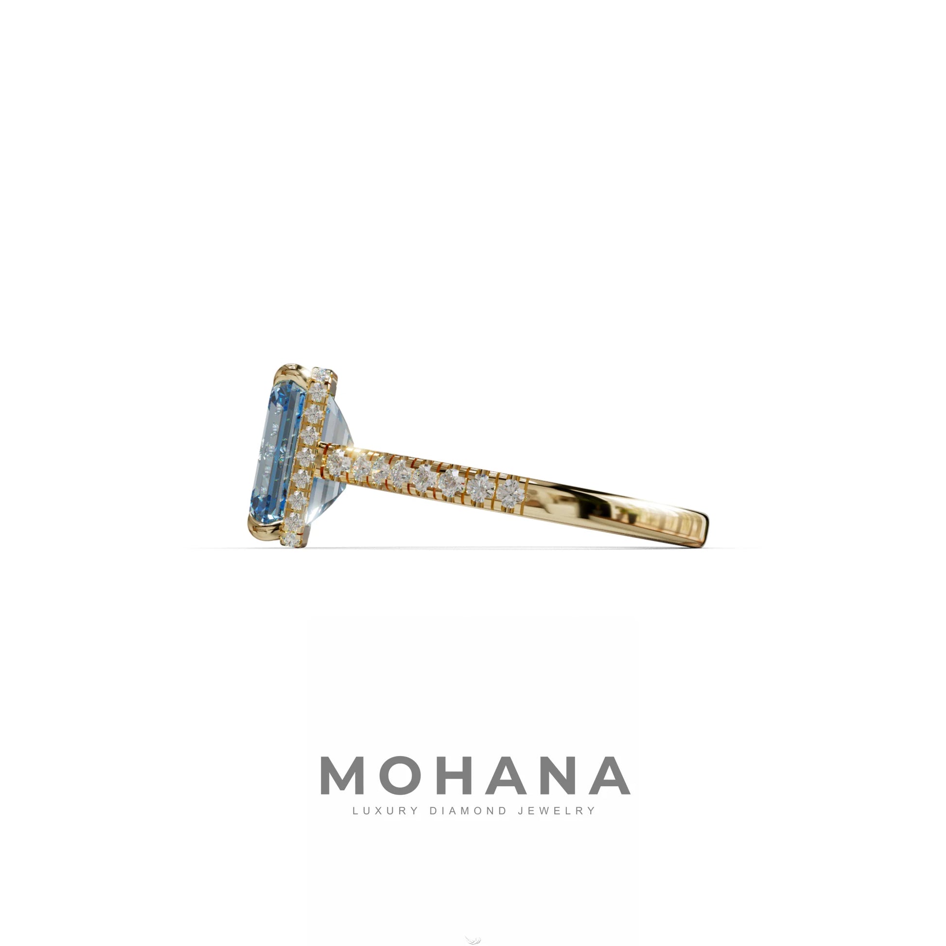 2.5 Ct Blue Emerald Cut Lab Diamond In Hidden Halo & Pave Setting Ring - Siena