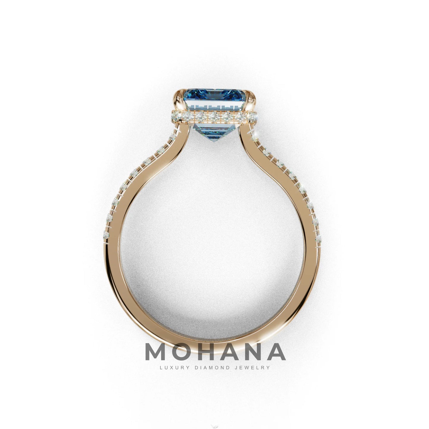 2.5 Ct Blue Emerald Cut Lab Diamond In Hidden Halo & Pave Setting Ring - Siena