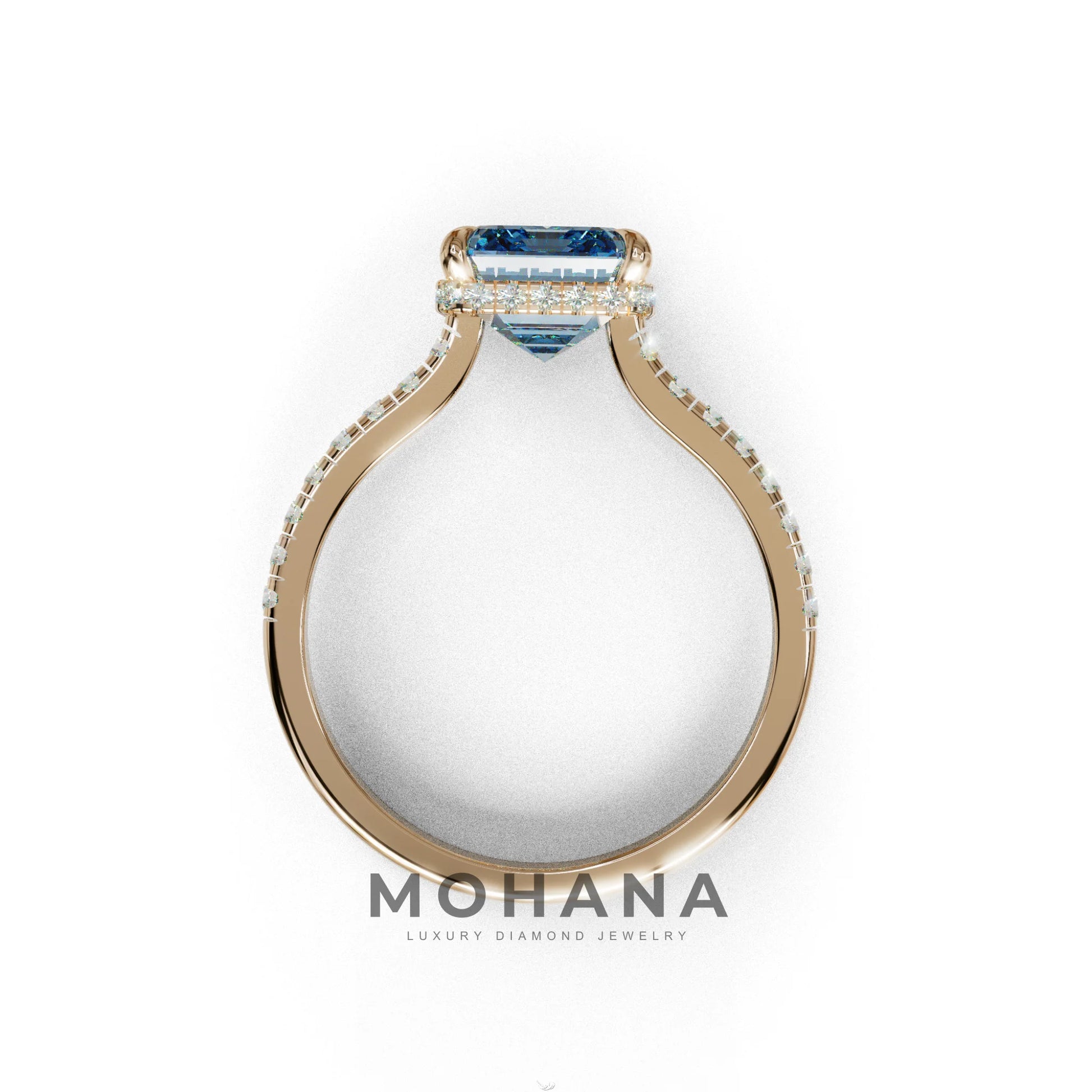 2.5 Ct Blue Emerald Cut Lab Diamond In Hidden Halo & Pave Setting Ring - Siena