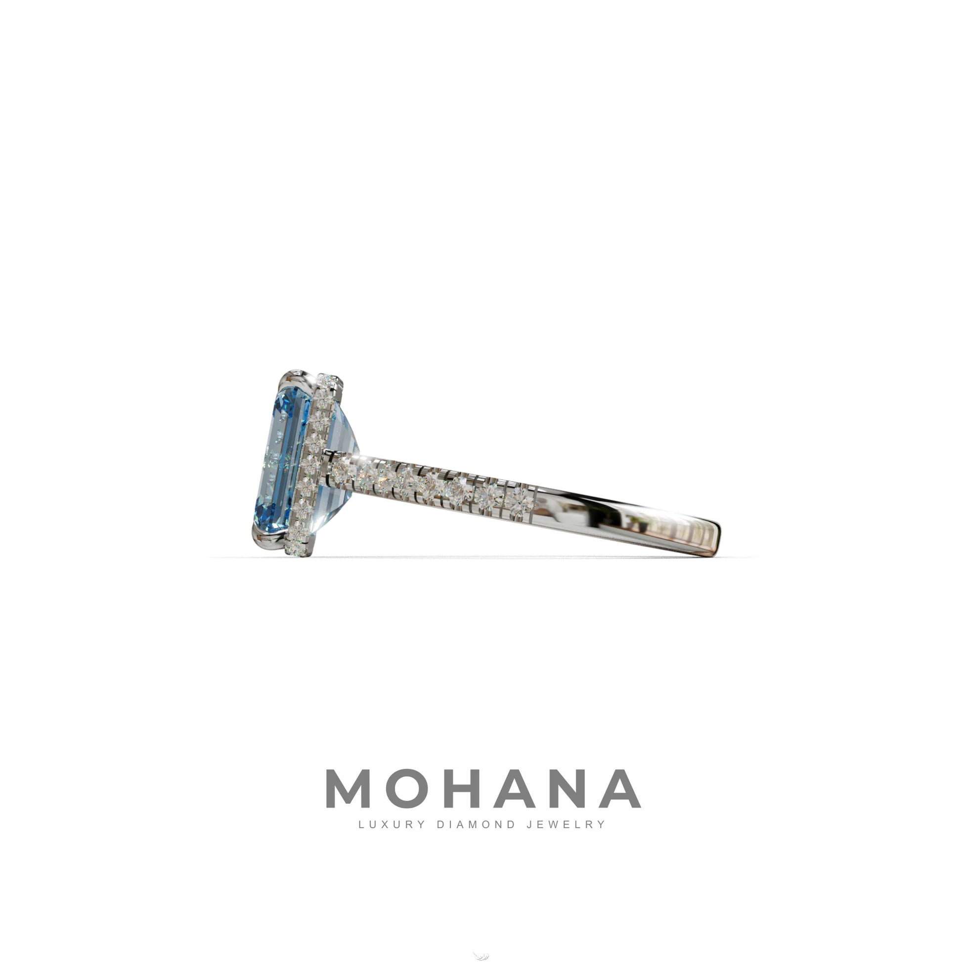 2.5 Ct Blue Emerald Cut Lab Diamond In Hidden Halo & Pave Setting Ring - Siena