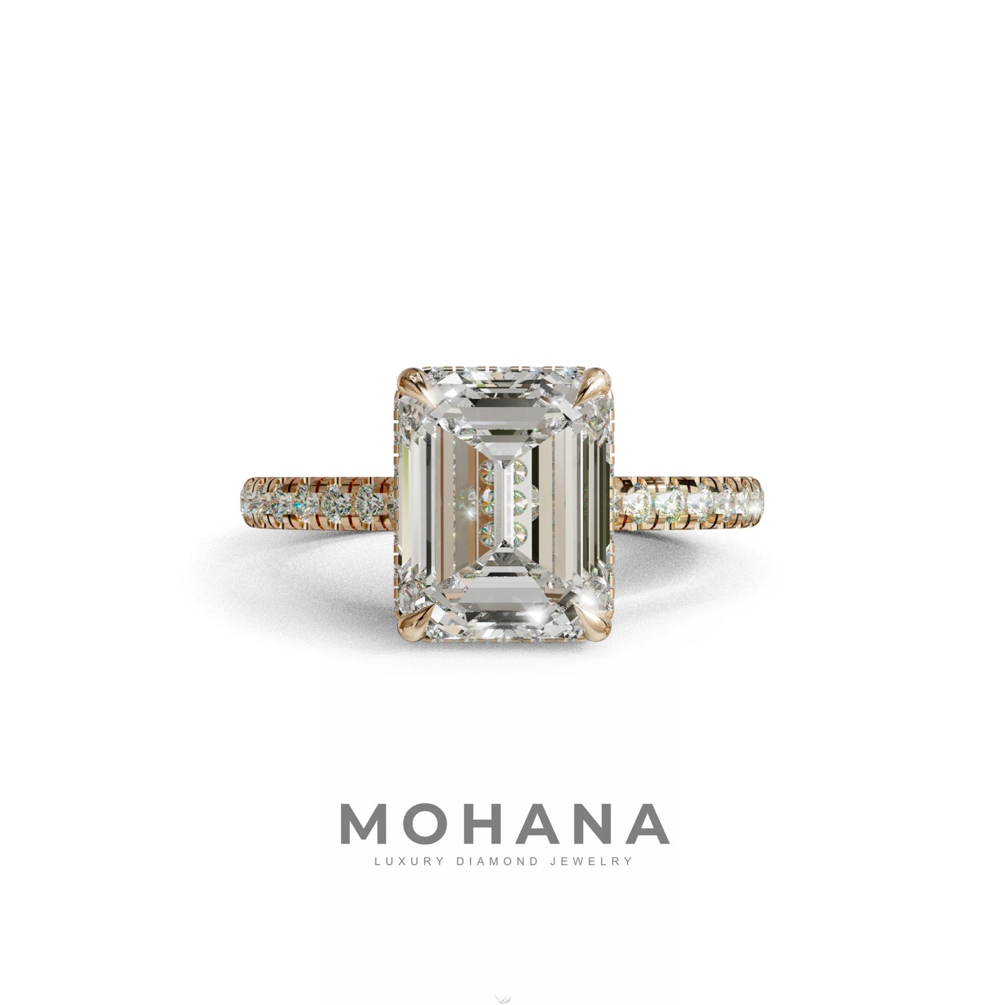 2.5 Ct E/VVS Emerald Cut Lab Diamond In Hidden Halo & Pave Setting Ring - Siena - 10K Solid Gold / Rose Gold