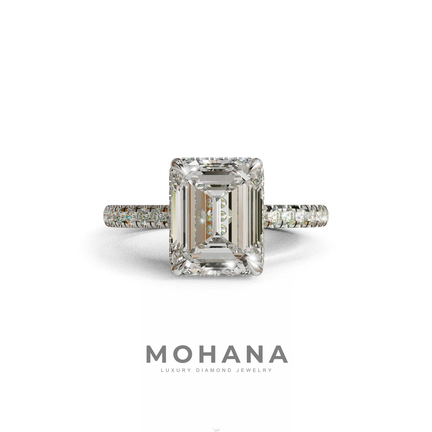 2.5 Ct E/VVS Emerald Cut Lab Diamond In Hidden Halo & Pave Setting Ring - Siena - 10K Solid Gold / White Gold