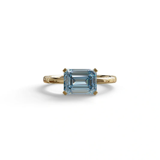 2.5 Ct Fancy Vivid Blue Emerald Cut Lab Diamond In Pave-Chanel Setting Ring - Qiqi - 10K Solid Gold / Yellow Gold