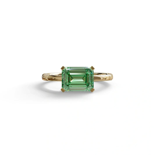 2.5 Ct Fancy Vivid Green Emerald Cut Lab Diamond In Pave-Chanel Setting Ring - Qiqi - 10K Solid Gold / Yellow Gold