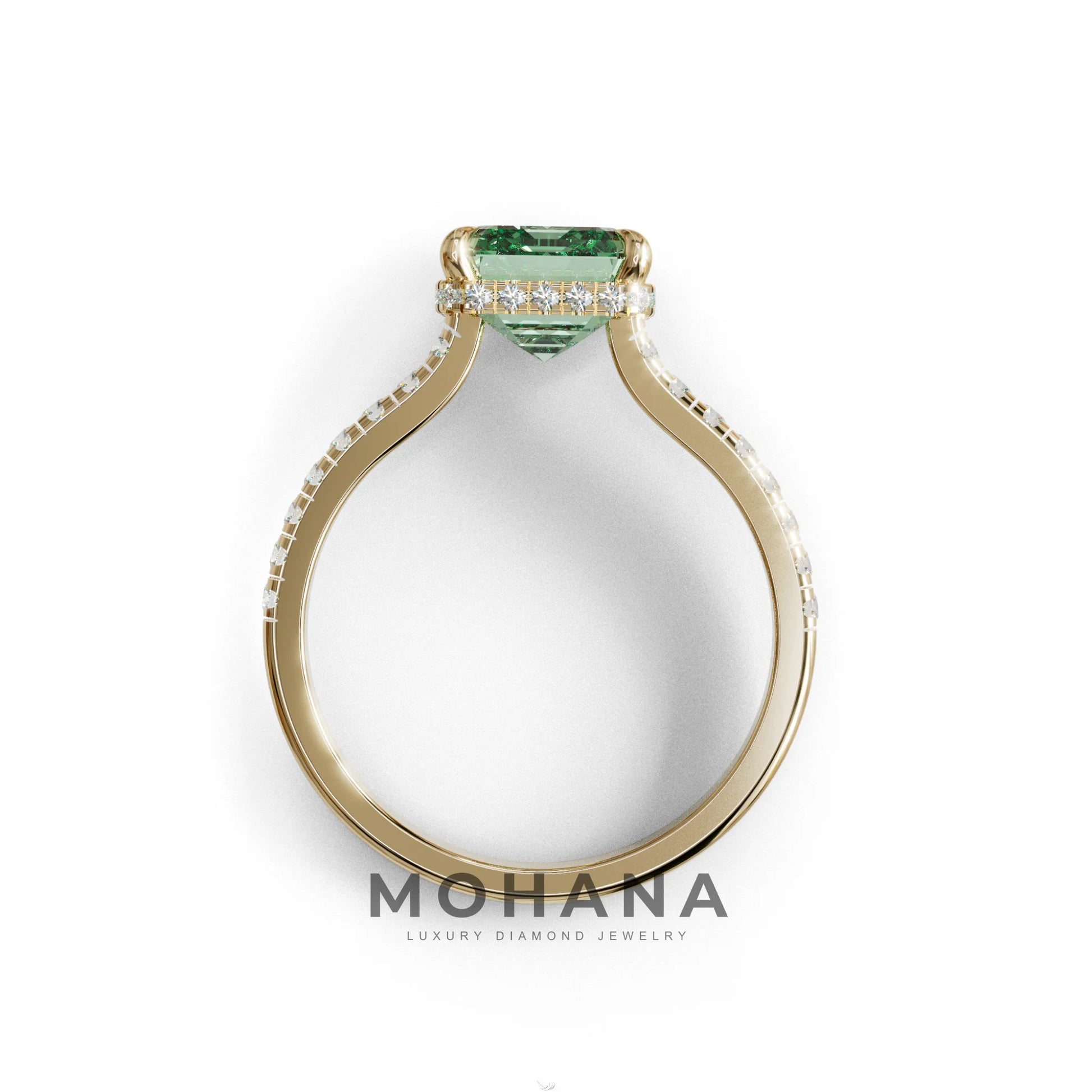 2.5 Ct Green Emerald Cut Lab Diamond In Hidden Halo & Pave Setting Ring - Siena