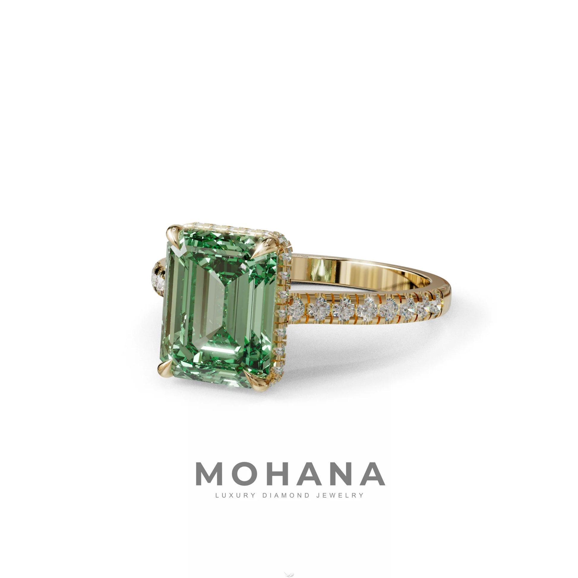 2.5 Ct Green Emerald Cut Lab Diamond In Hidden Halo & Pave Setting Ring - Siena