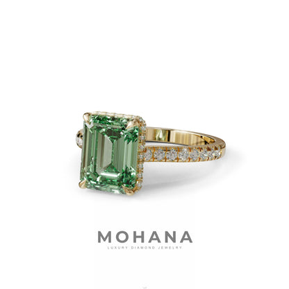 2.5 Ct Green Emerald Cut Lab Diamond In Hidden Halo & Pave Setting Ring - Siena