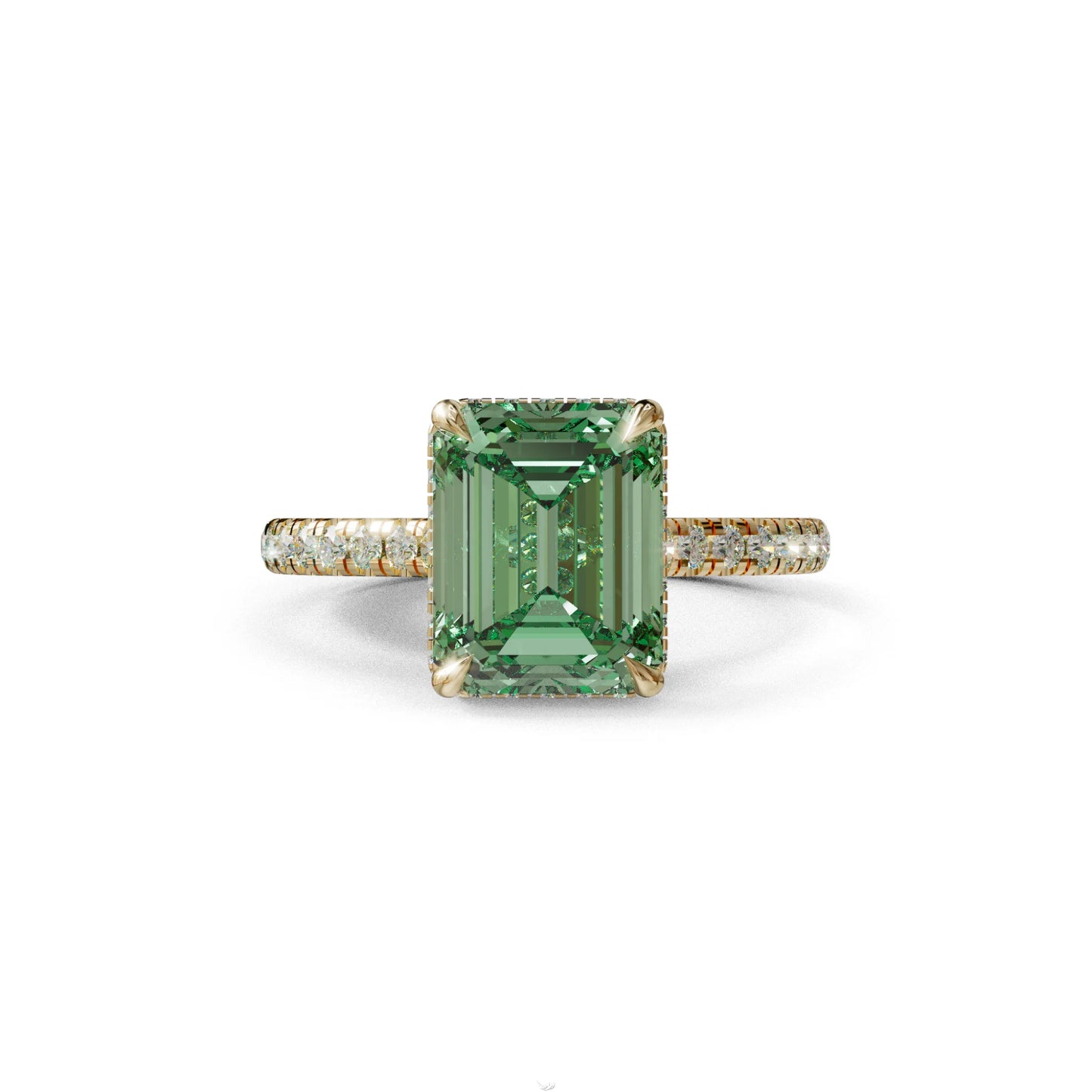 2.5 Ct Green Emerald Cut Lab Diamond In Hidden Halo & Pave Setting Ring - Siena - 10K Solid Gold / Yellow Gold