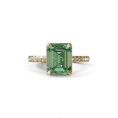 2.5 Ct Green Emerald Cut Lab Diamond In Hidden Halo & Pave Setting Ring - Siena - 10K Solid Gold / Yellow Gold