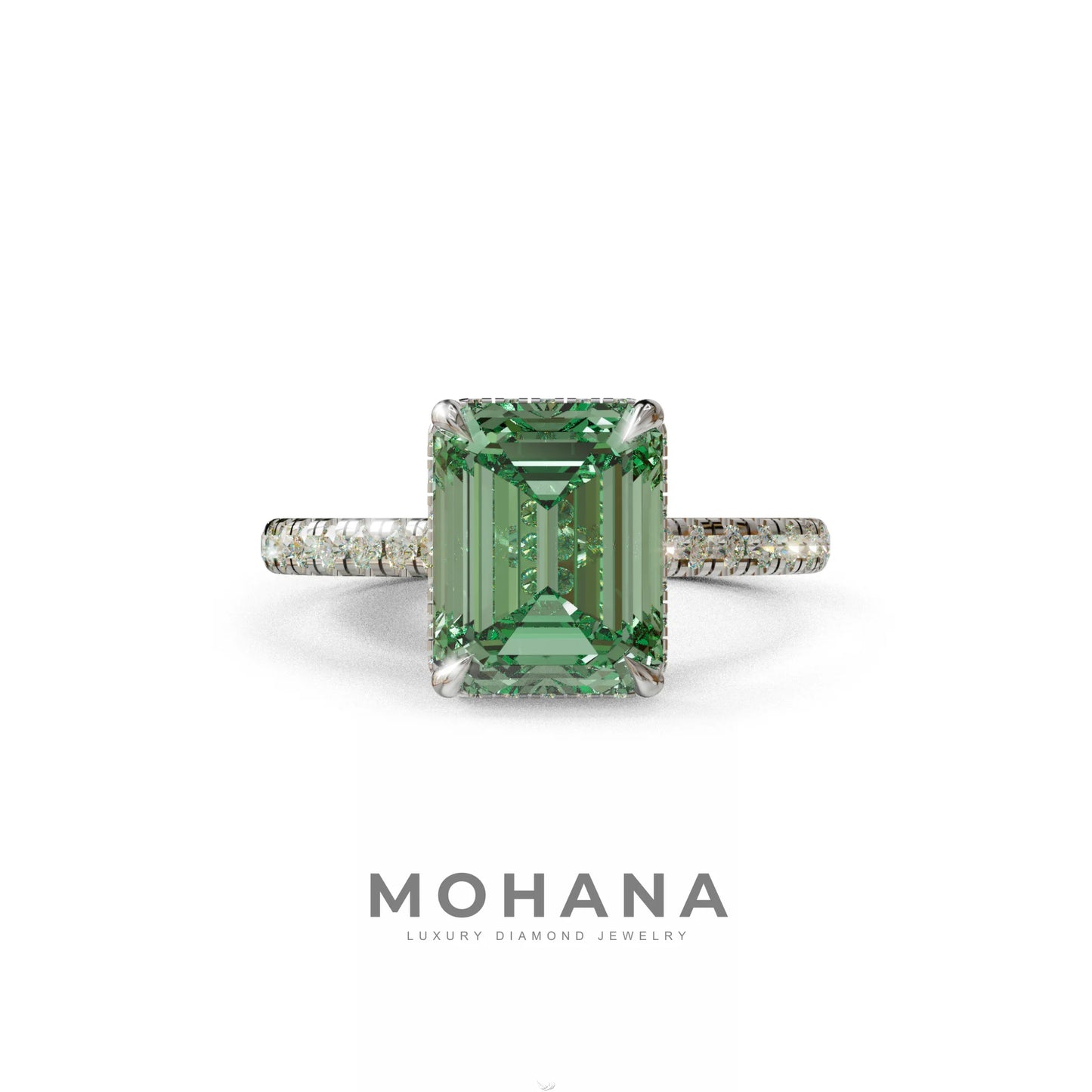 2.5 Ct Green Emerald Cut Lab Diamond In Hidden Halo & Pave Setting Ring - Siena - 10K Solid Gold / White Gold