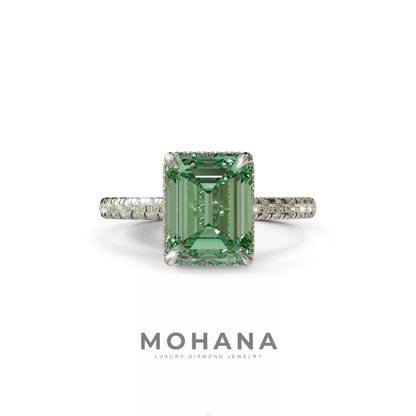 2.5 Ct Green Emerald Cut Lab Diamond In Hidden Halo & Pave Setting Ring - Siena - 10K Solid Gold / White Gold