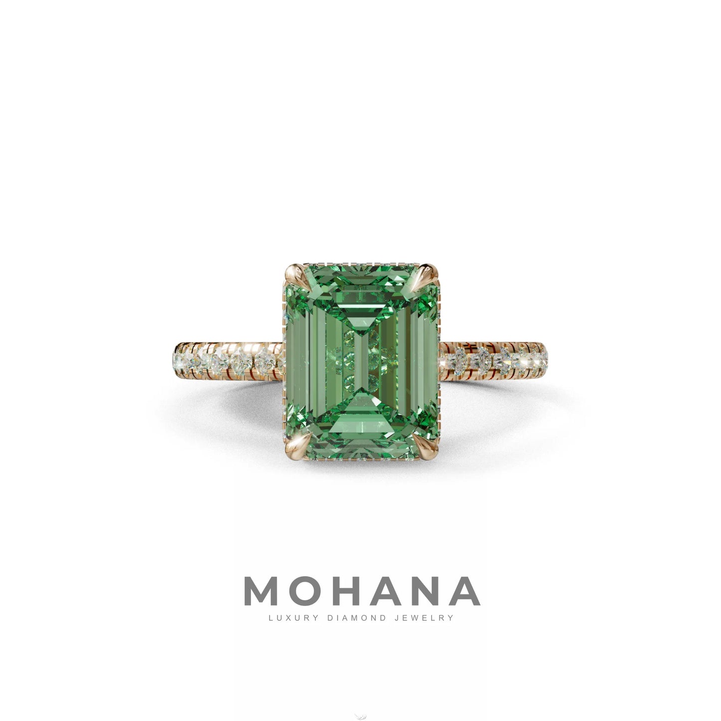 2.5 Ct Green Emerald Cut Lab Diamond In Hidden Halo & Pave Setting Ring - Siena - 10K Solid Gold / Rose Gold