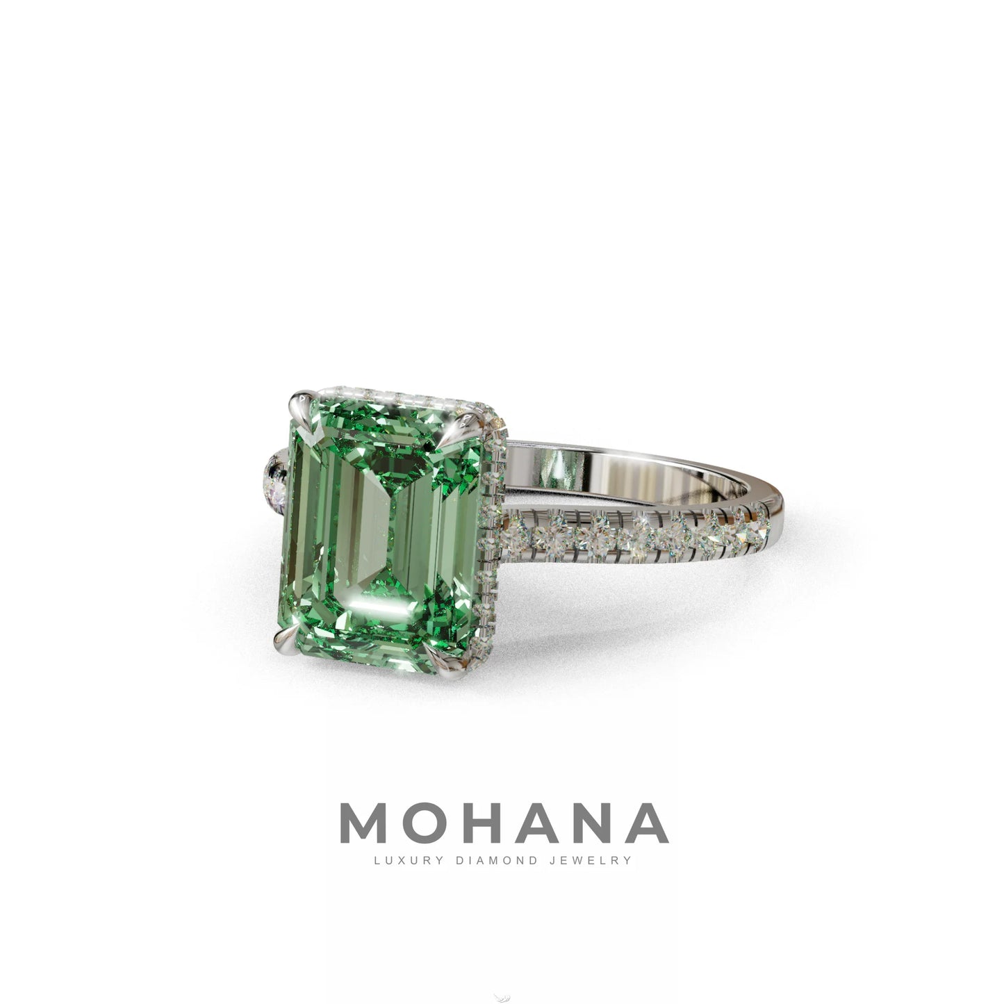 2.5 Ct Green Emerald Cut Lab Diamond In Hidden Halo & Pave Setting Ring - Siena
