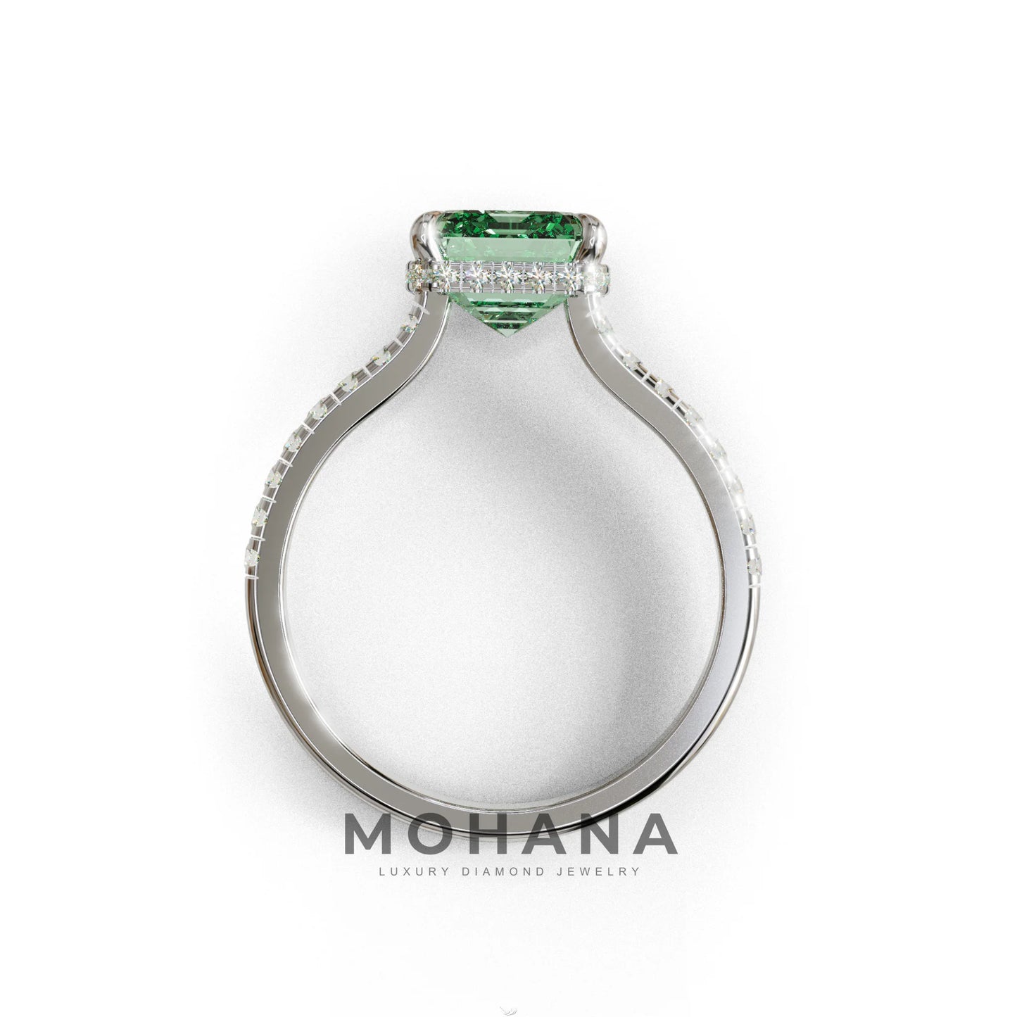 2.5 Ct Green Emerald Cut Lab Diamond In Hidden Halo & Pave Setting Ring - Siena