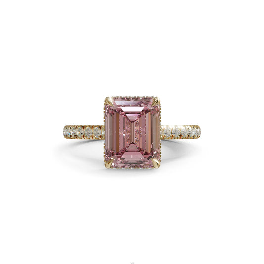 2.5 Ct Pink Emerald Cut Lab Diamond In Hidden Halo & Pave Setting Ring - Siena - 10K Solid Gold / Yellow Gold
