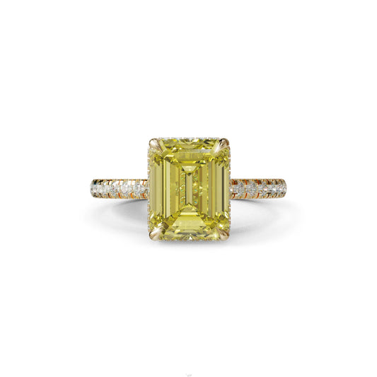 2.5 Ct Yellow Emerald Cut Lab Diamond In Hidden Halo & Pave Setting RIng - Siena - 10K Solid Gold / Yellow Gold