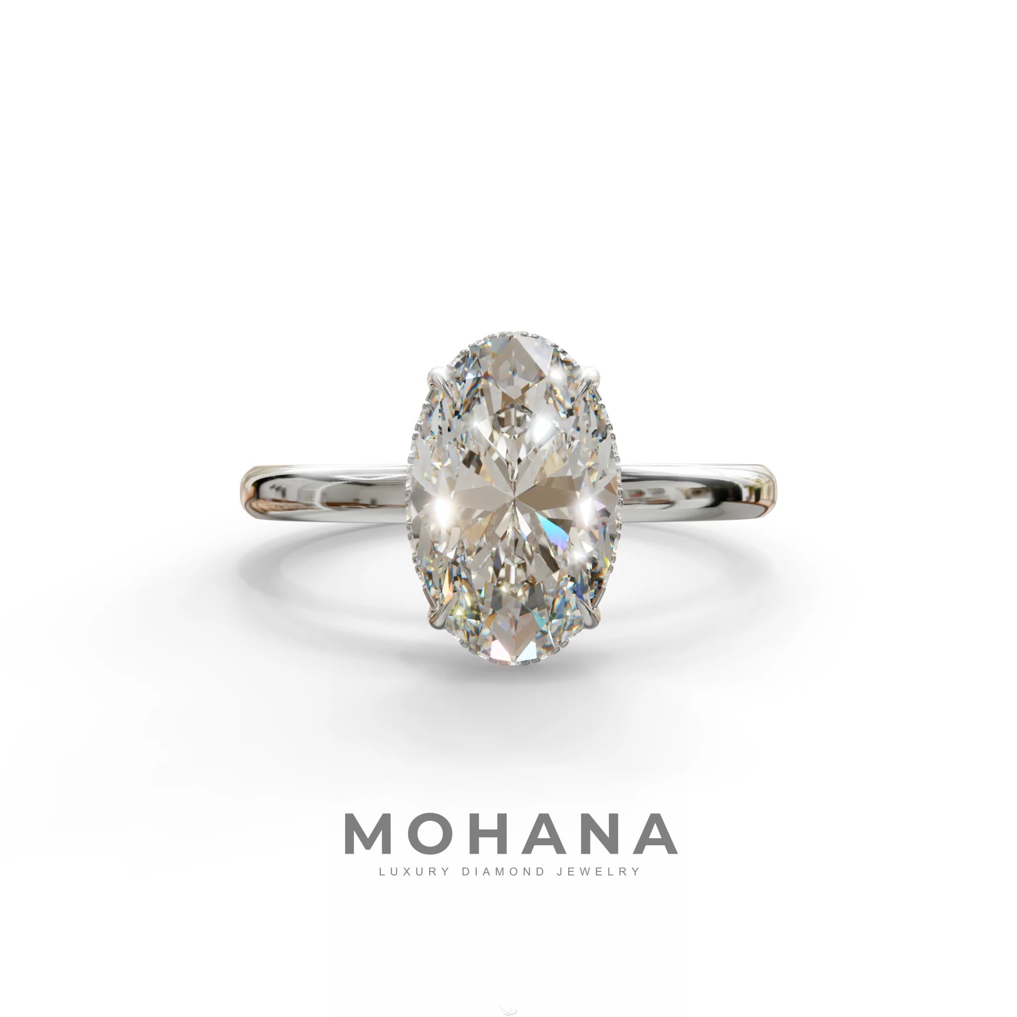 E VVS 2.5 Carat Oval Cut Hidden Halo Lab Diamond Ring - Mi Amor - 10K Solid Gold / White Gold