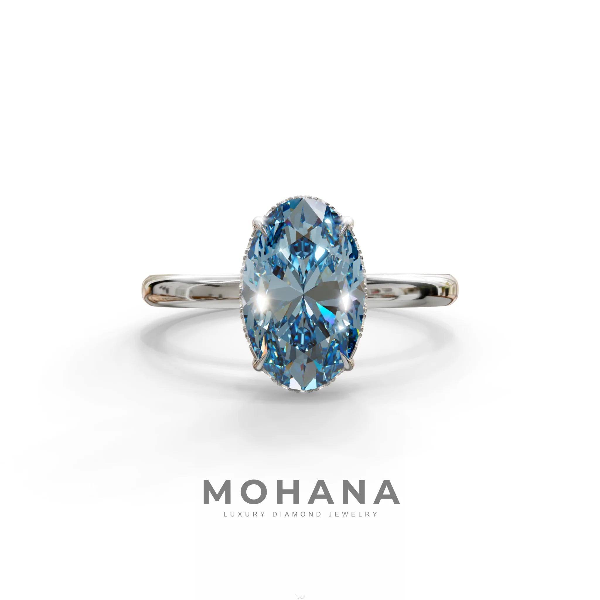 2.5 Carat Blue Oval Cut Hidden Halo Lab Diamond Ring - Mi Amor - 10K Solid Gold / White Gold