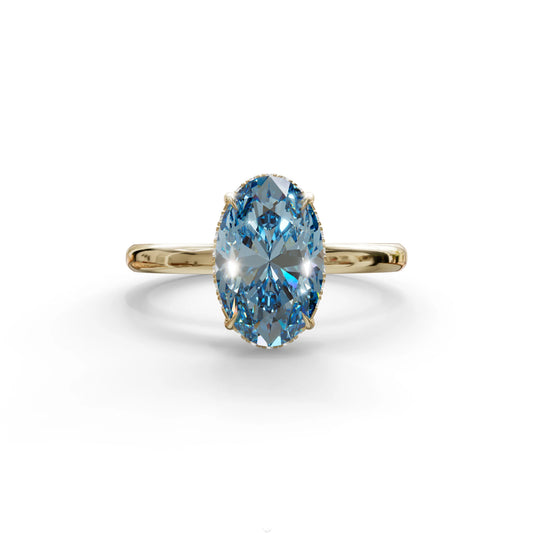 2.5 Carat Blue Oval Cut Hidden Halo Lab Diamond Ring - Mi Amor - 10K Solid Gold / Yellow Gold