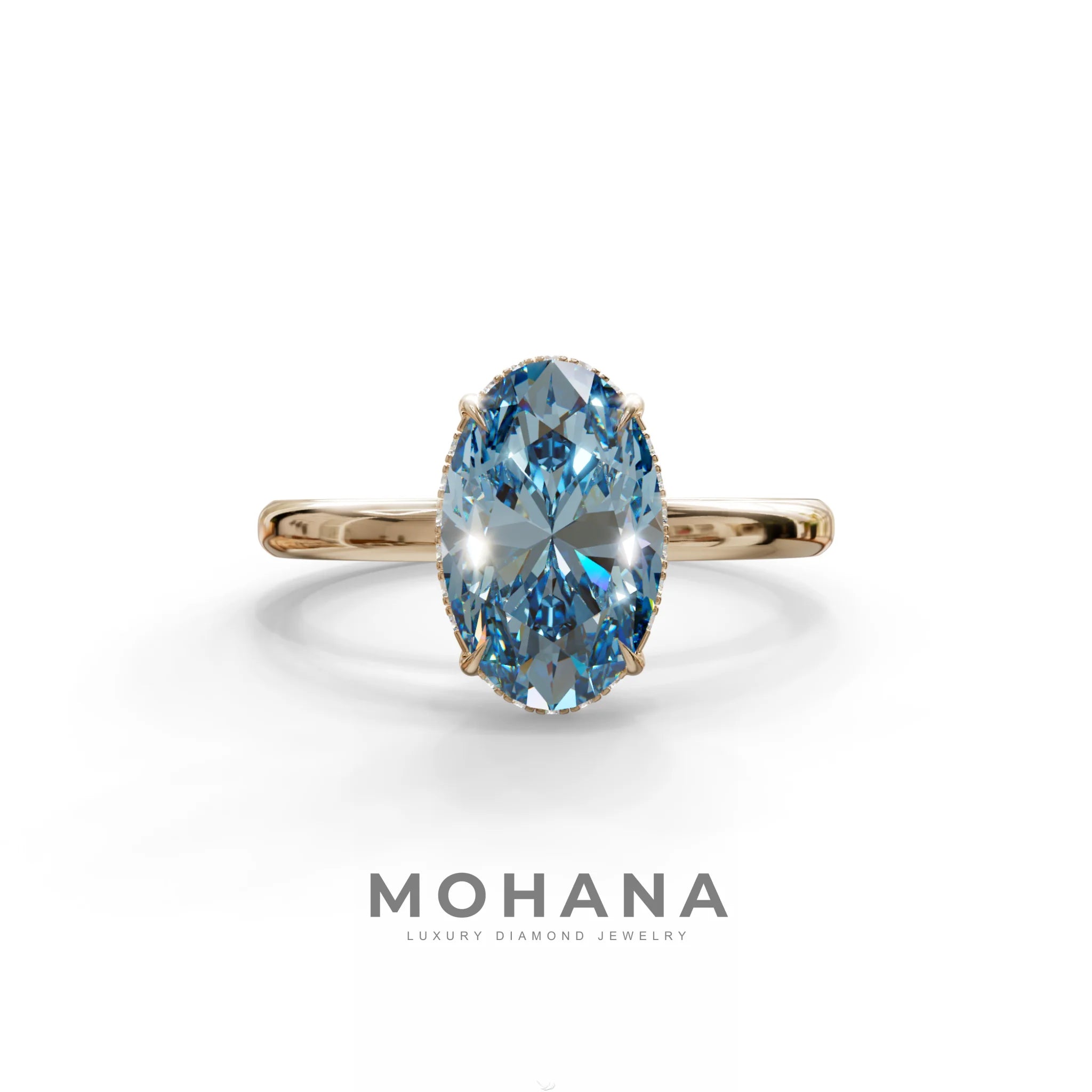2.5 Carat Blue Oval Cut Hidden Halo Lab Diamond Ring - Mi Amor - 10K Solid Gold / Rose Gold