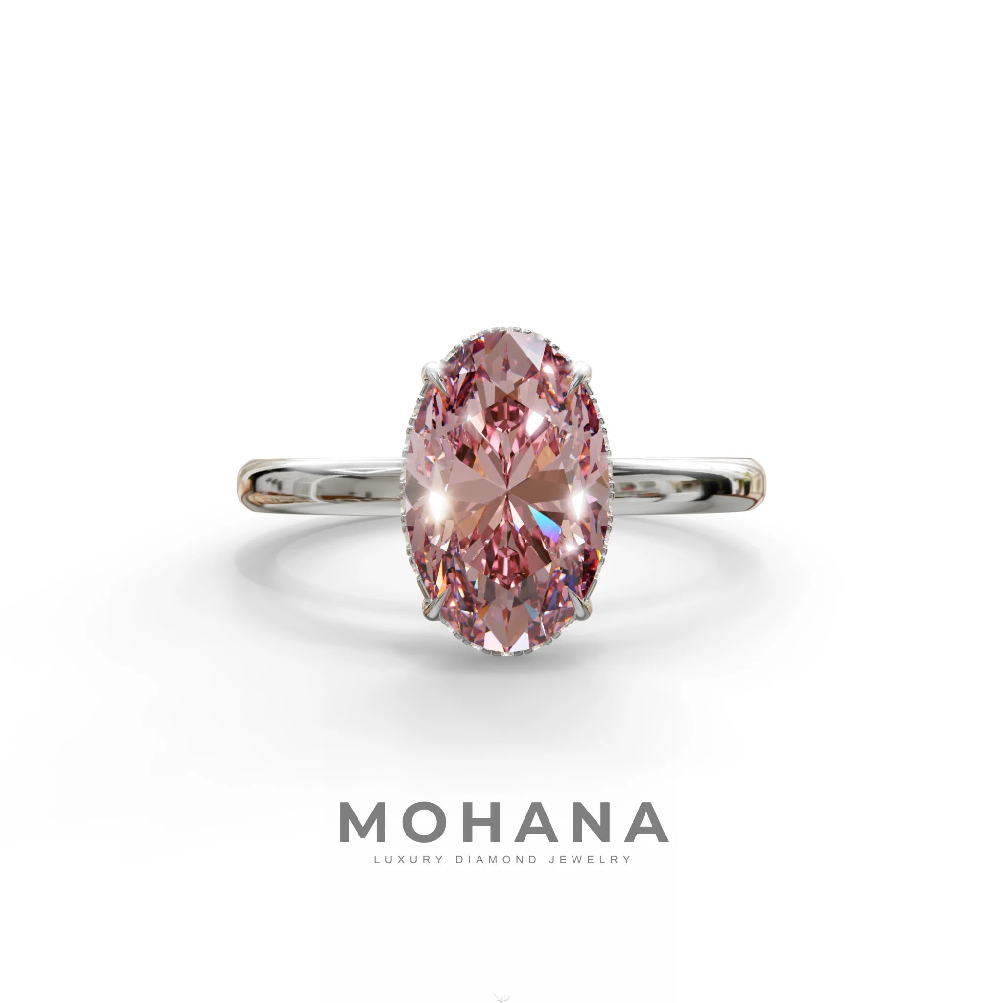 2.5 Carat Pink Oval Cut Hidden Halo Lab Diamond Ring - Mi Amor - 10K Solid Gold / White Gold