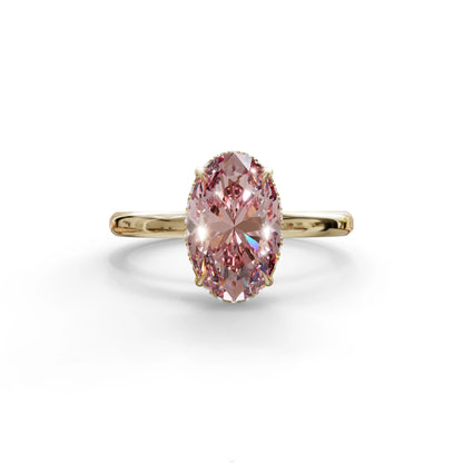 2.5 Carat Pink Oval Cut Hidden Halo Lab Diamond Ring - Mi Amor - 10K Solid Gold / Yellow Gold