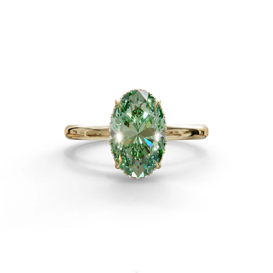 2.5 Carat Green Oval Cut Hidden Halo Lab Diamond Ring - Mi Amor - 10K Solid Gold / Yellow Gold