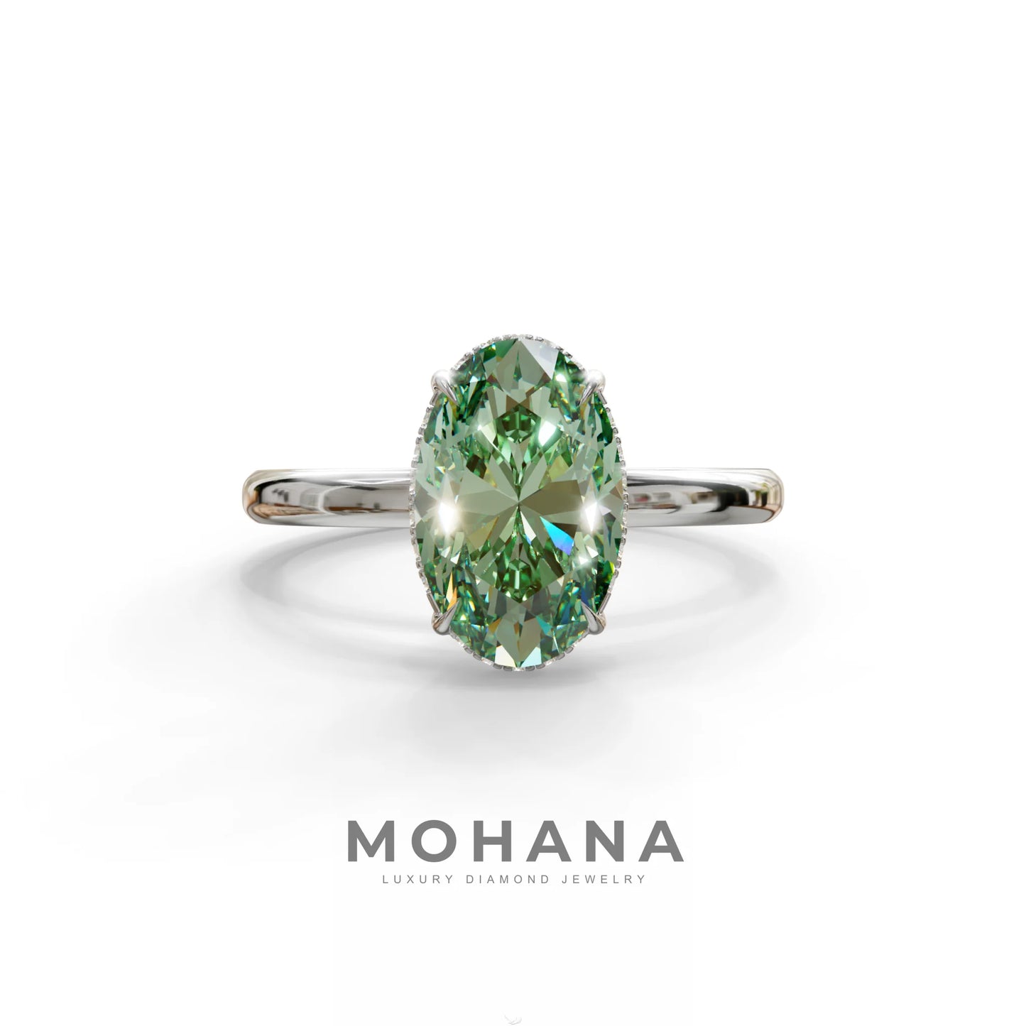 2.5 Carat Green Oval Cut Hidden Halo Lab Diamond Ring - Mi Amor - 10K Solid Gold / White Gold