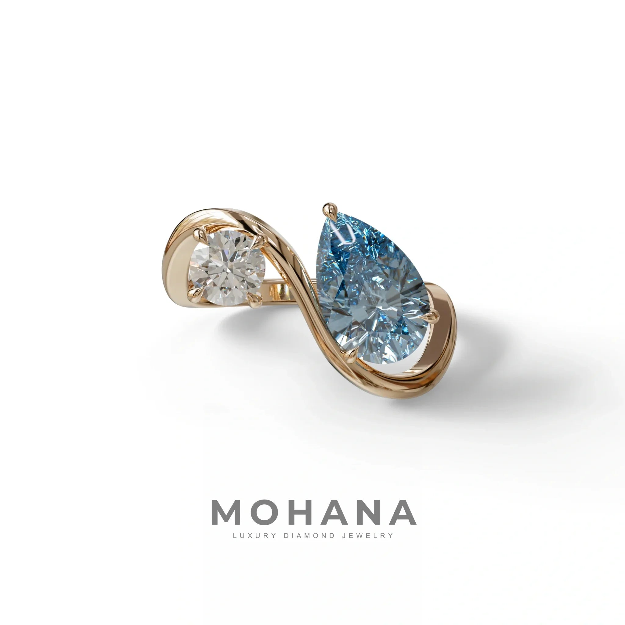 2.8 Carat Blue Pear and Round Cut Lab Diamond Engagement Ring - Toi Et Moi - 10K Solid Gold / Rose Gold