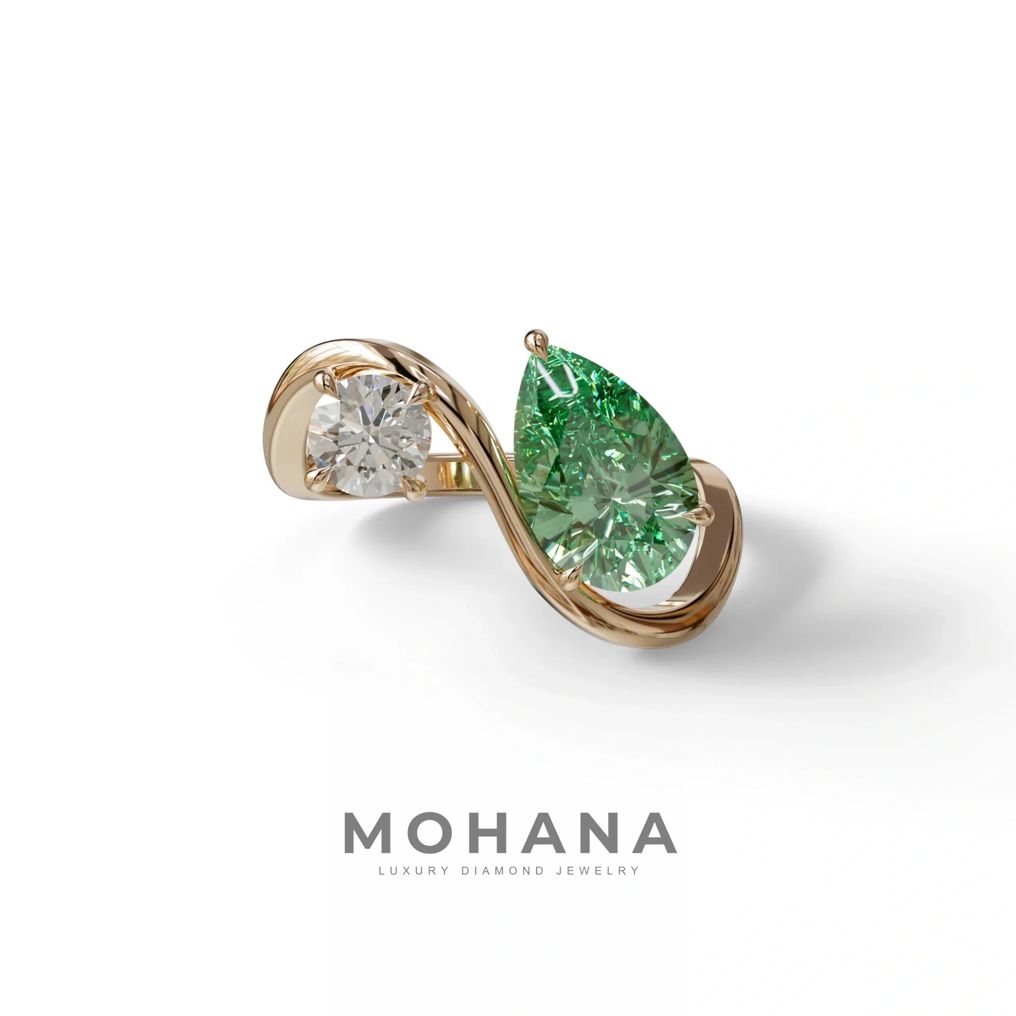 2.8 Carat Green Pear and Round Cut Lab Diamond Engagement Ring - Toi Et Moi - 10K Solid Gold / Rose Gold
