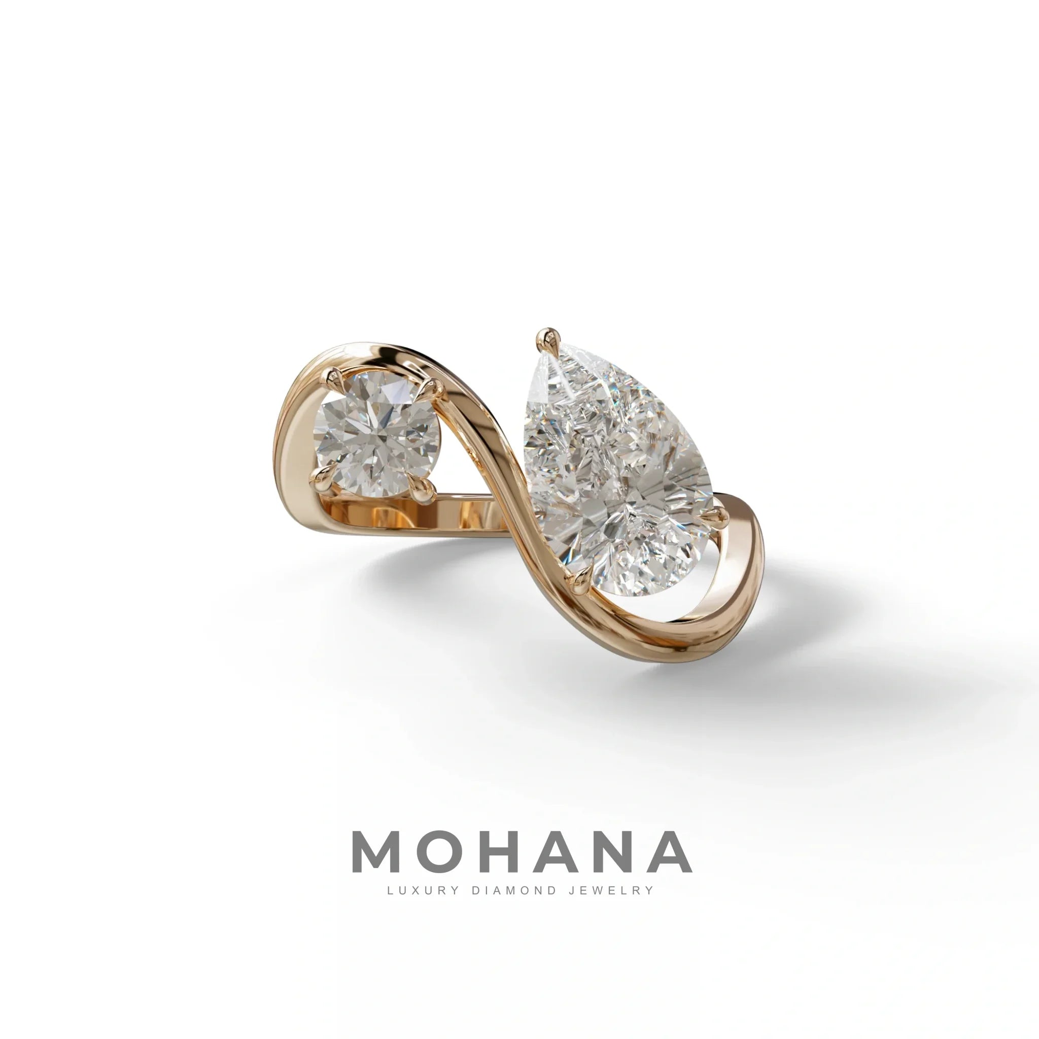 2.8 Carat E VVS Pear and Round Cut Lab Diamond Engagement Ring - Toi Et Moi - 10K Solid Gold / Rose Gold