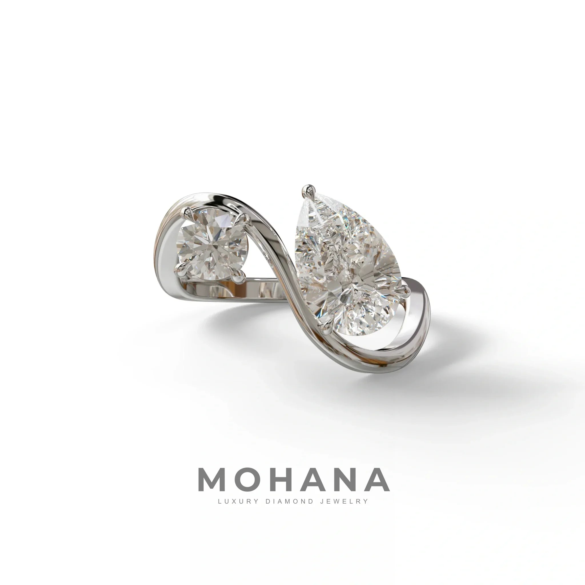 2.8 Carat E VVS Pear and Round Cut Lab Diamond Engagement Ring - Toi Et Moi - 10K Solid Gold / White Gold