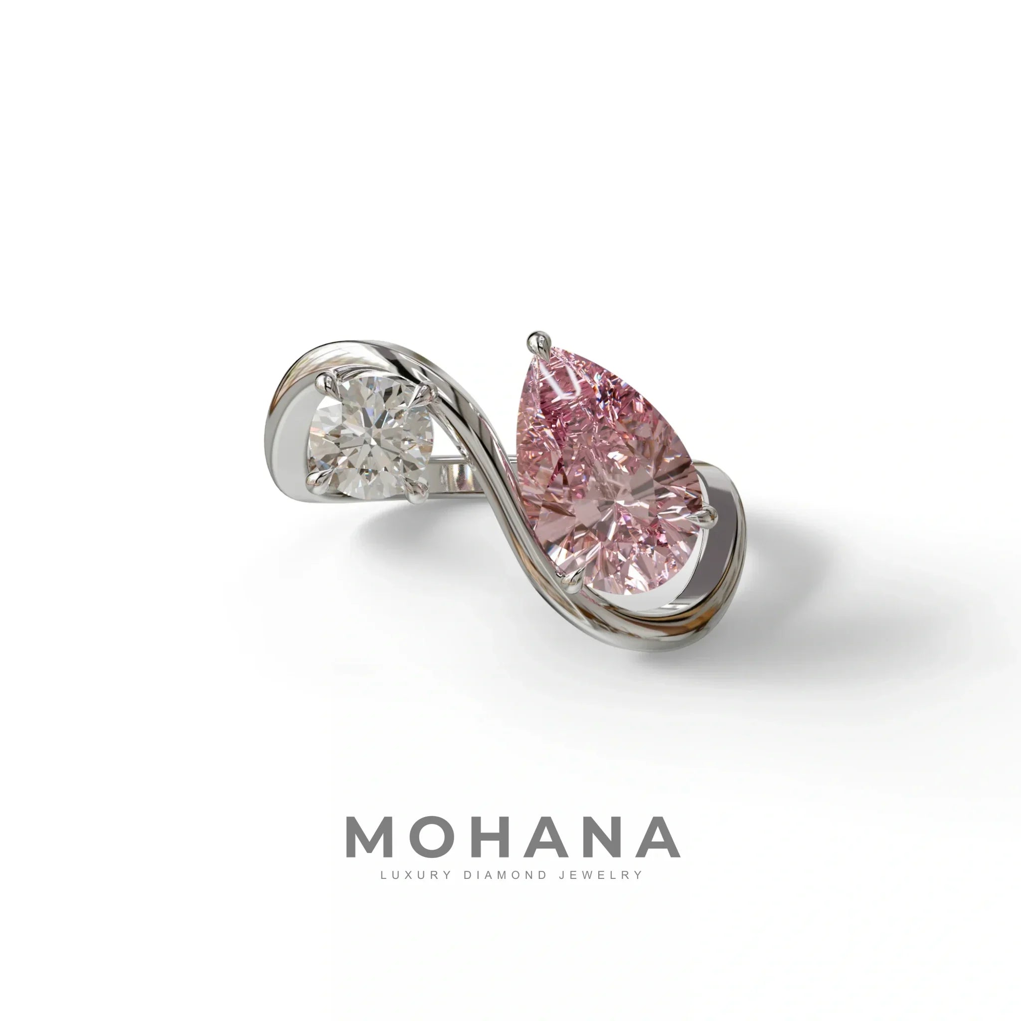 2.8 Carat Pink Pear and Round Cut Lab Diamond Engagement Ring - Toi Et Moi - 10K Solid Gold / White Gold