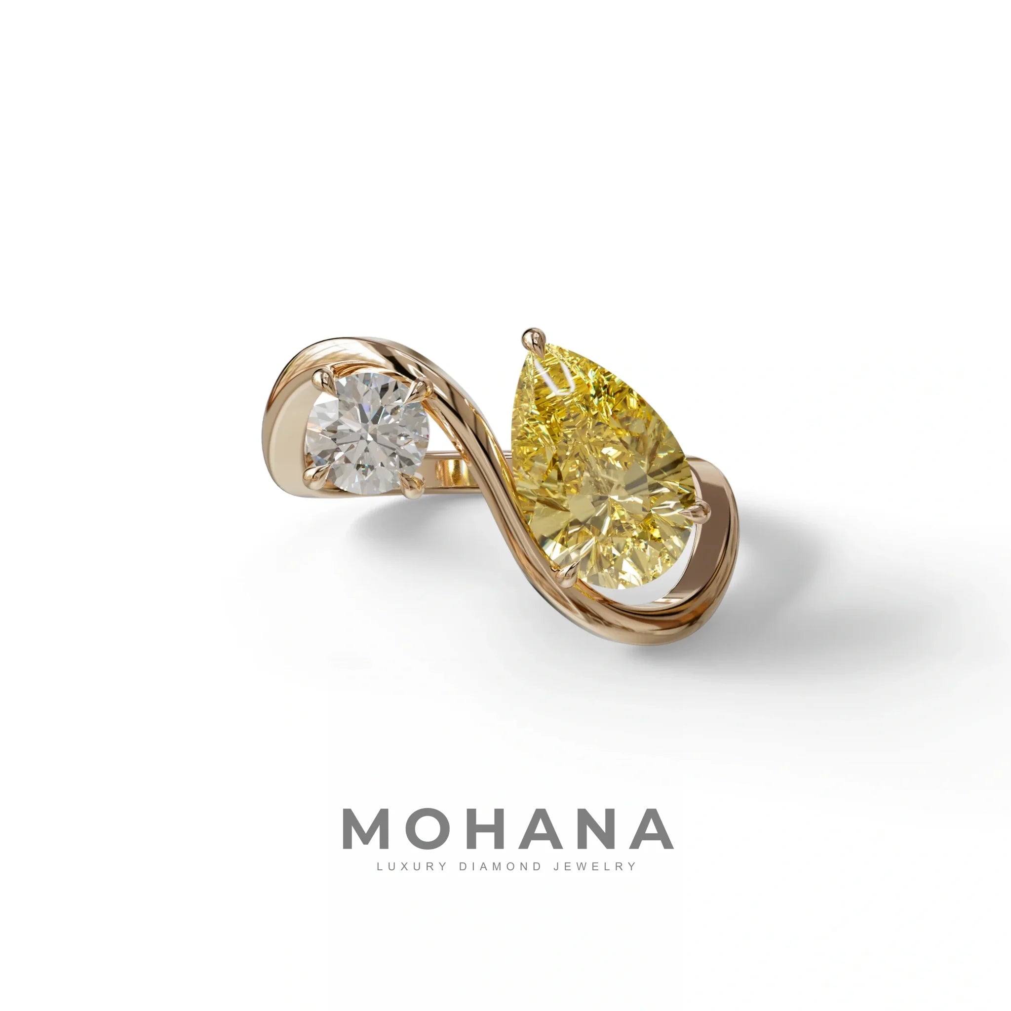 2.8 Carat Yellow Pear and Round Cut Lab Diamond Engagement Ring - Toi Et Moi - 10K Solid Gold / Rose Gold