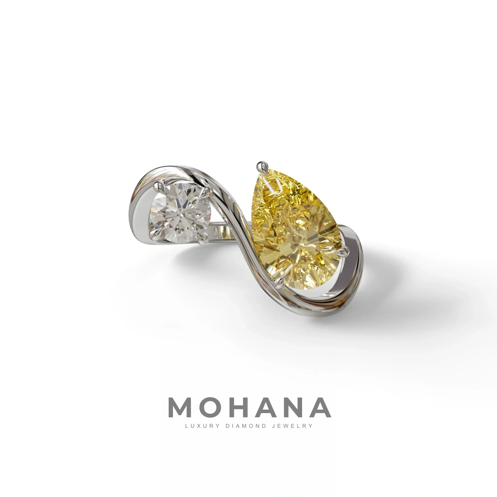 2.8 Carat Yellow Pear and Round Cut Lab Diamond Engagement Ring - Toi Et Moi - 10K Solid Gold / White Gold
