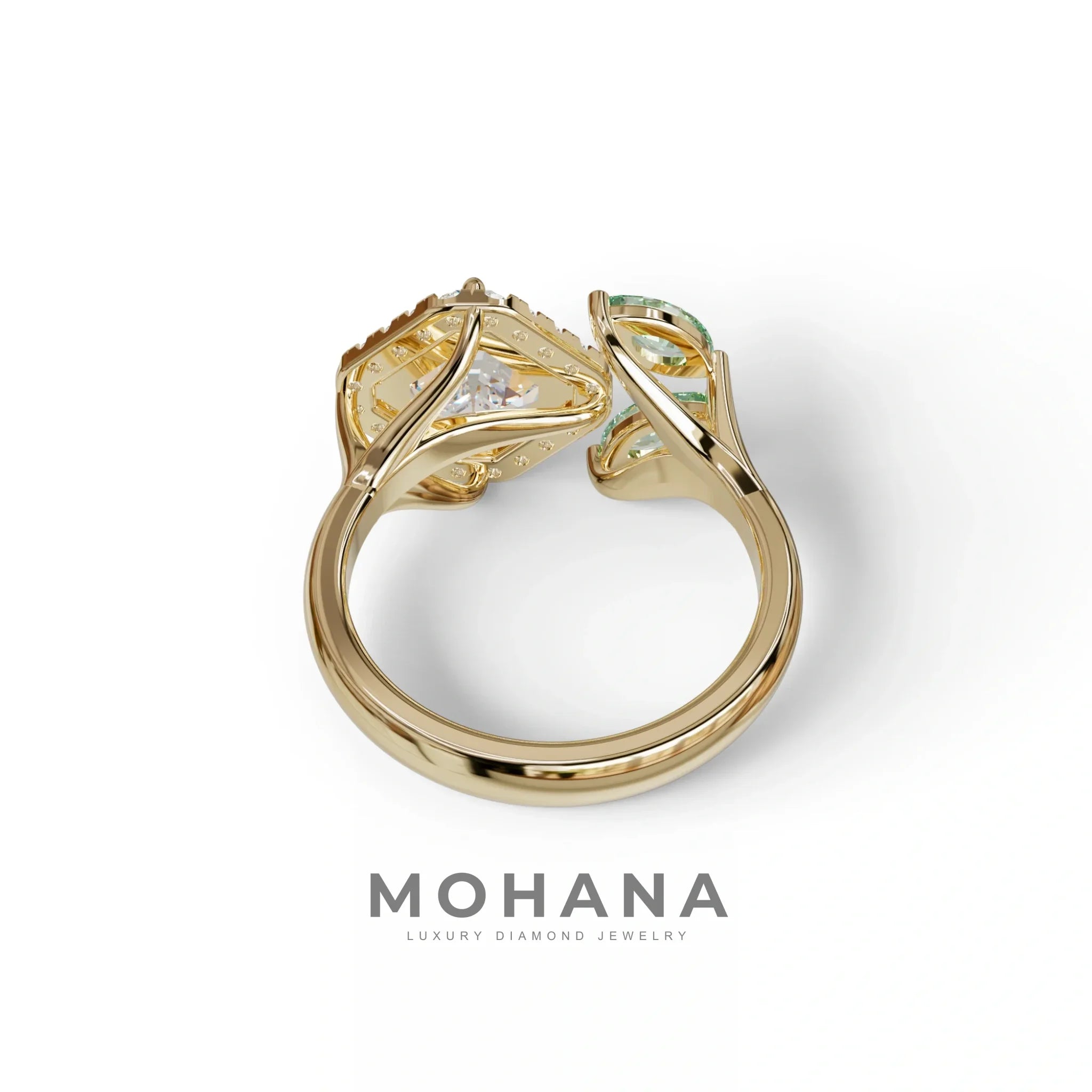 2 Carat Asscher Cut Diamond Cocktail Engagement Ring with Green Marquise - Nature Inspired