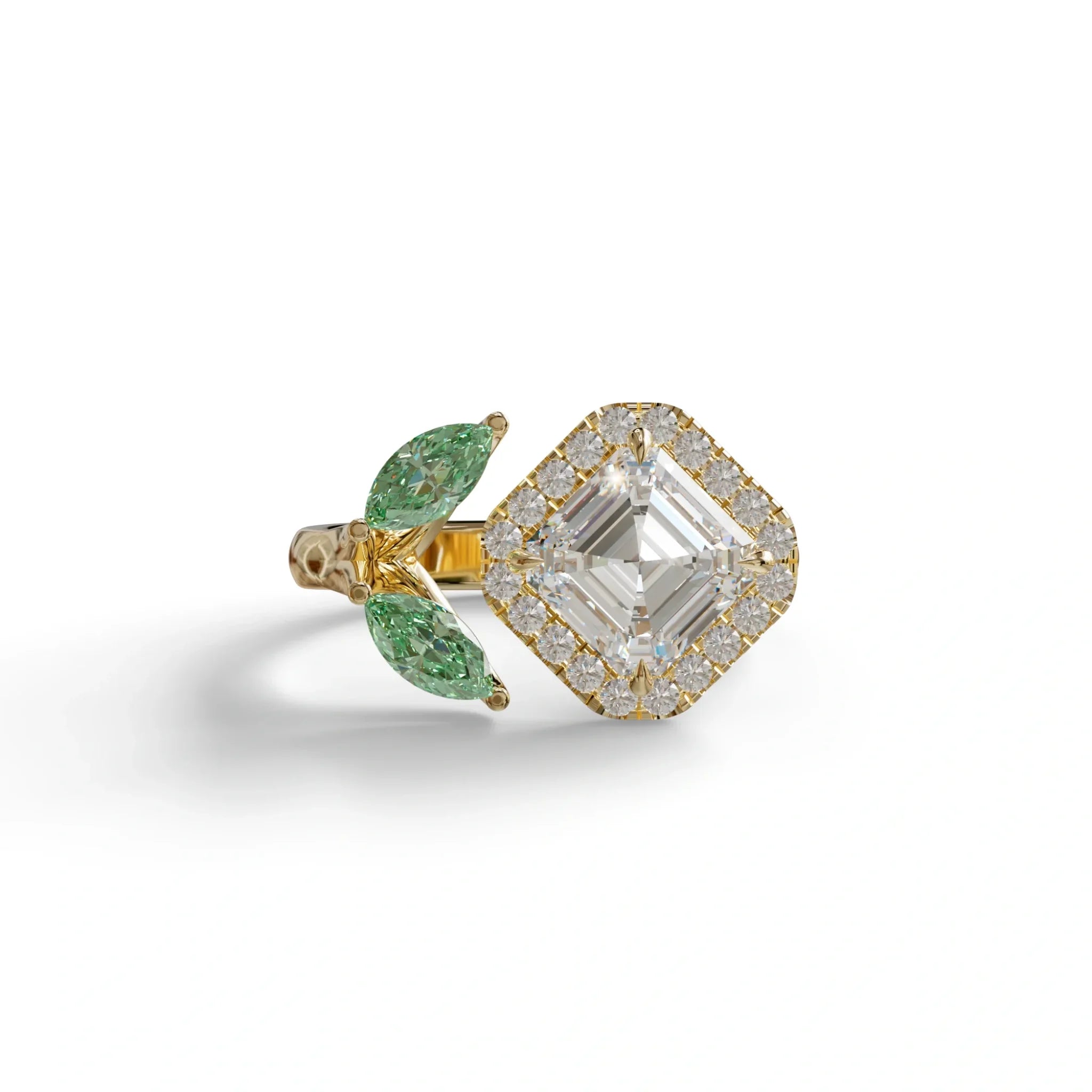 2 Carat Asscher Cut Diamond Cocktail Engagement Ring with Green Marquise - Nature Inspired - 10K Solid Gold / Yellow