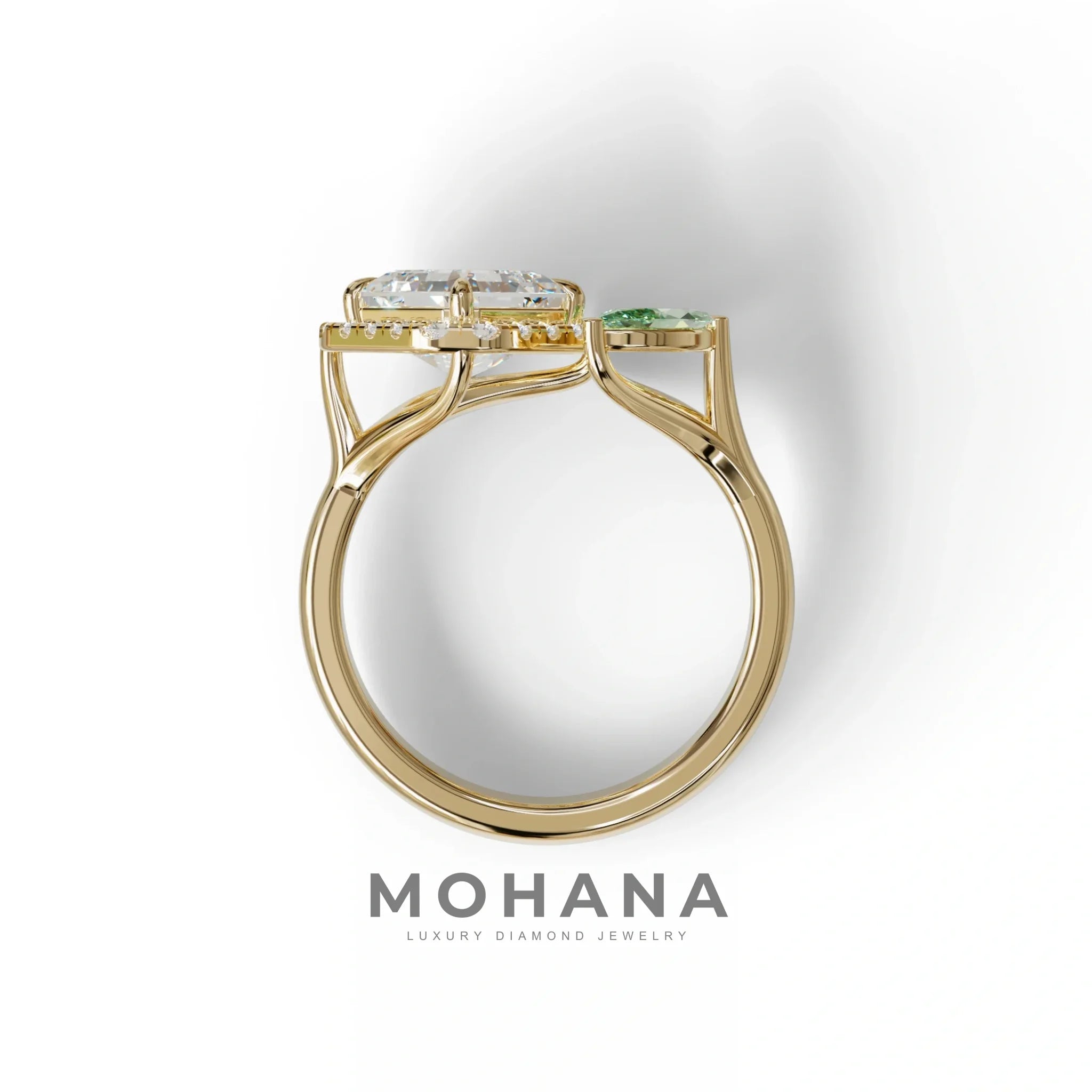 2 Carat Asscher Cut Diamond Cocktail Engagement Ring with Green Marquise - Nature Inspired