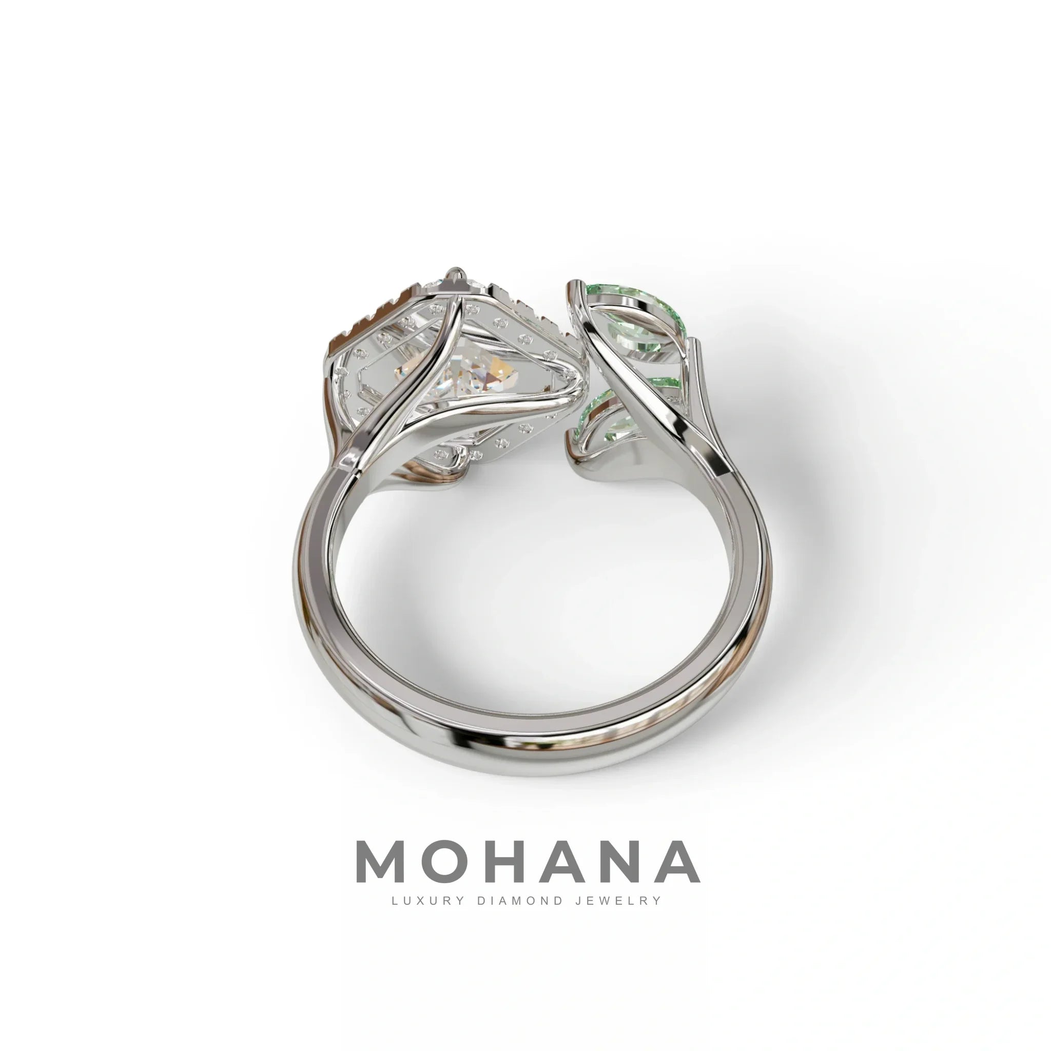 2 Carat Asscher Cut Diamond Cocktail Engagement Ring with Green Marquise - Nature Inspired