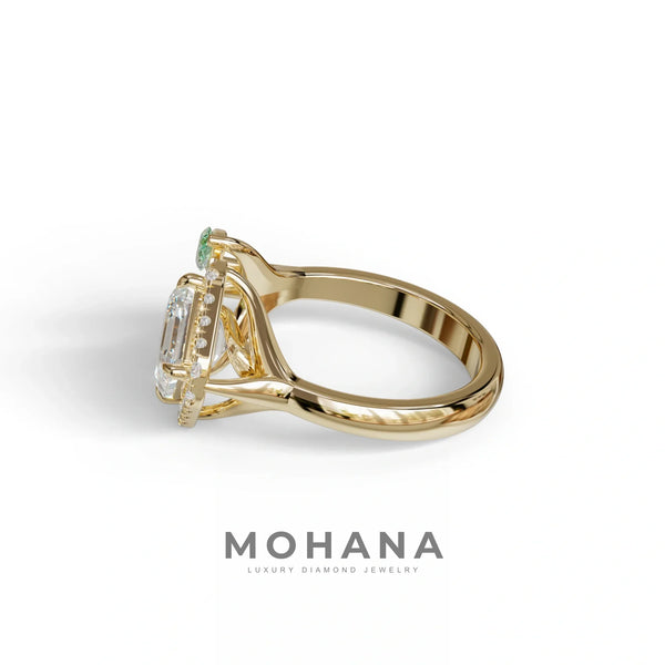 2 Carat Asscher Cut Diamond Cocktail Engagement Ring with Green Marquise - Nature Inspired alternate view