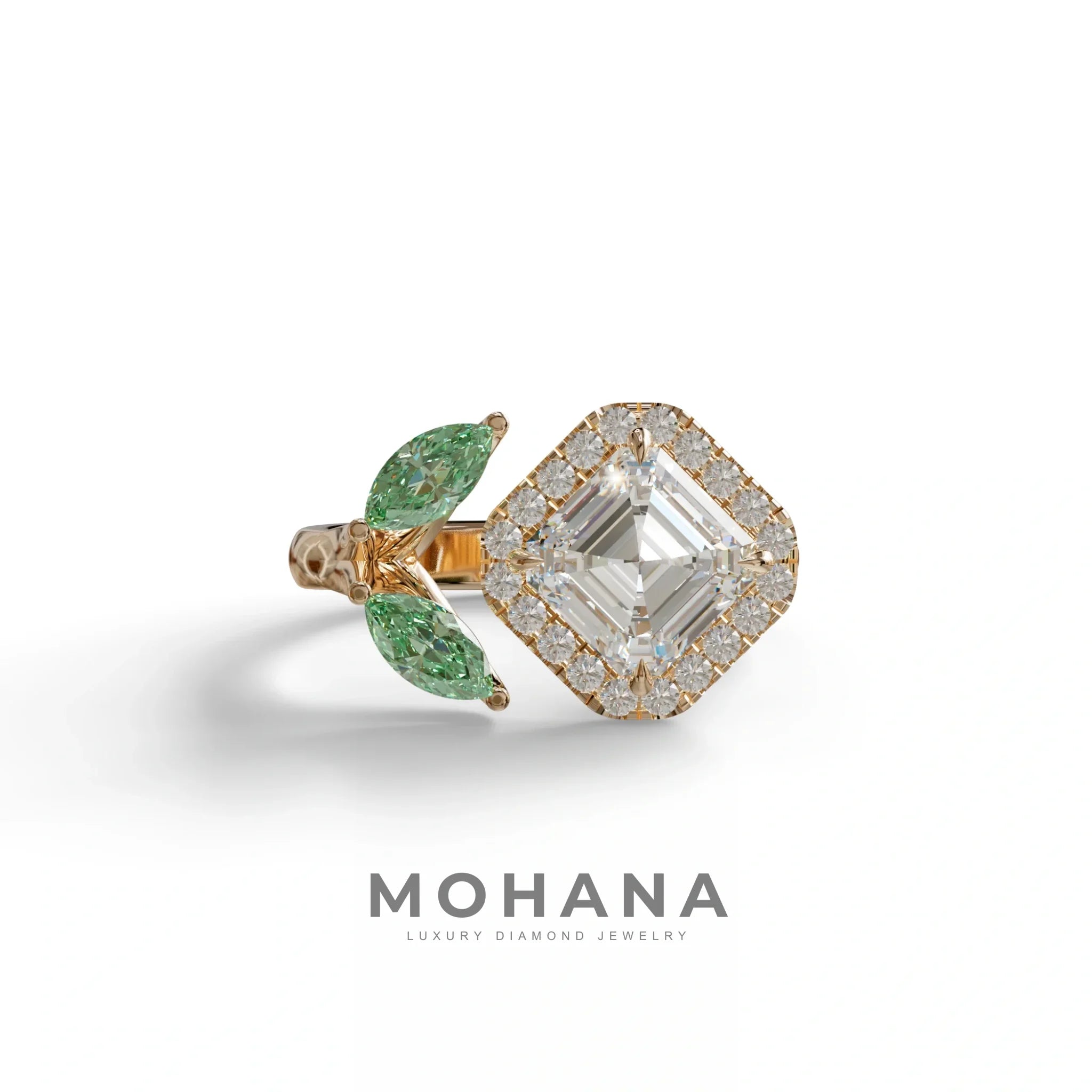 2 Carat Asscher Cut Diamond Cocktail Engagement Ring with Green Marquise - Nature Inspired - 10K Solid Gold / Rose Gold