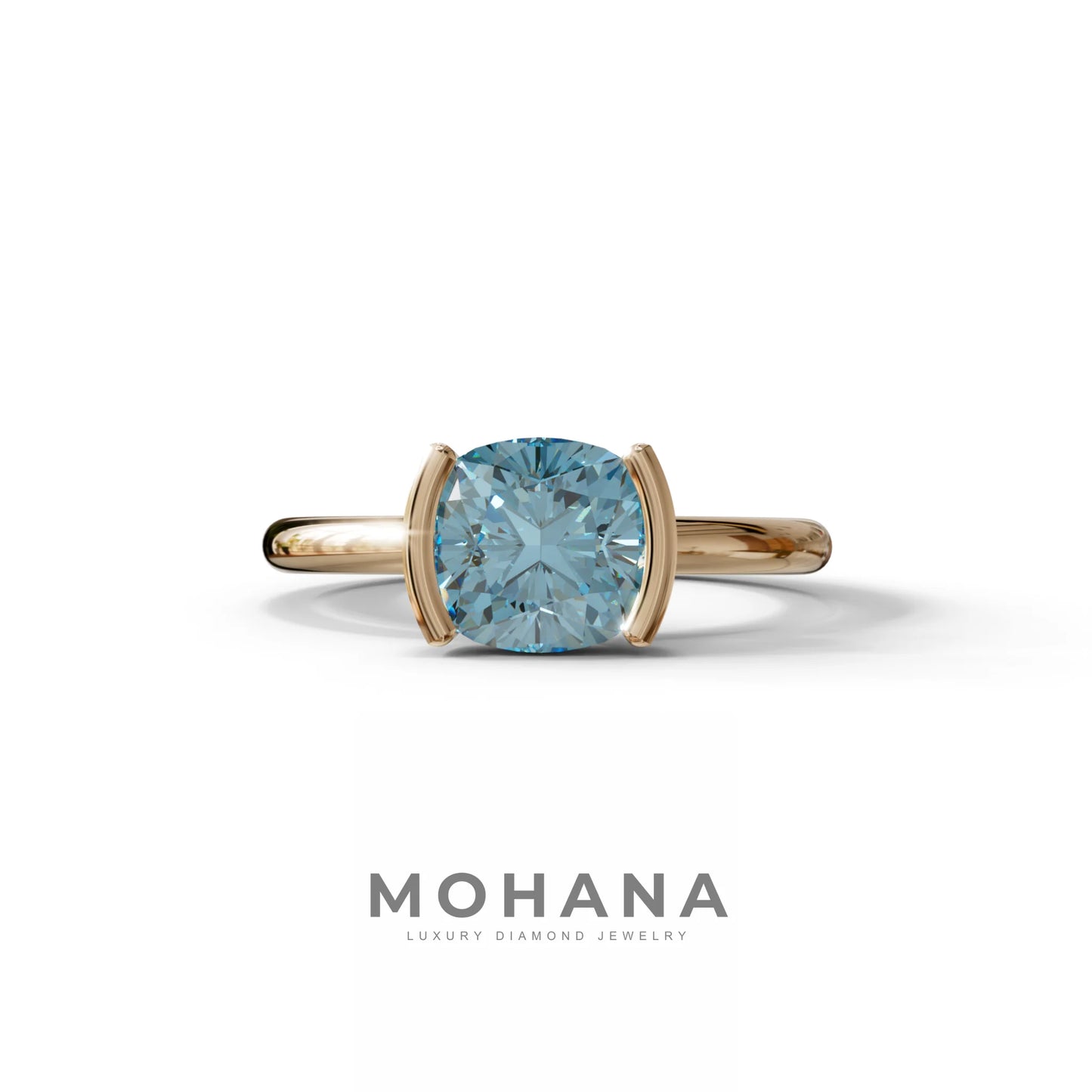 2 Carat Blue Cushion Diamond Ring - Half Bezel Set Ring - Remi - 10K Solid Gold / Rose Gold
