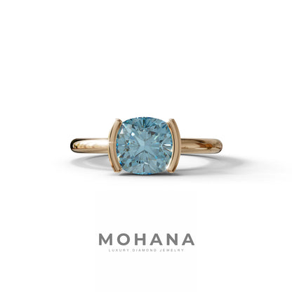 2 Carat Blue Cushion Diamond Ring - Half Bezel Set Ring - Remi - 10K Solid Gold / Rose Gold
